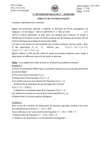 Première page de Mathématiques 1ère A2 — 1er devoir surveillé, 1er semestre (2024-2025) · CEG Yagbe