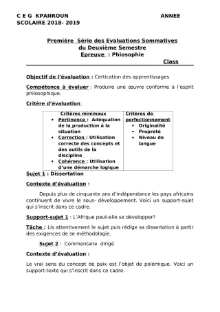 Première page de Philosophie Tle D — 1re évaluation sommative, 2e semestre (2018-2019) · CEG Kpanroun