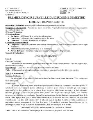 Première page de Philosophie 1ère A2, 1ère B — 1er devoir surveillé, 2e semestre (2019-2020) · CEG FIYEGNON