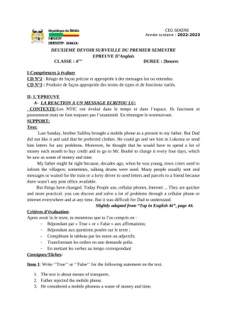 Première page de Anglais 4e — 2e devoir surveillé, 1er semestre (2022-2023) · CEG SEKERE
