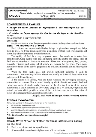 Première page de Anglais 3e — 2e devoir surveillé, 1er semestre (2022-2023) · CEG POSSOTOME