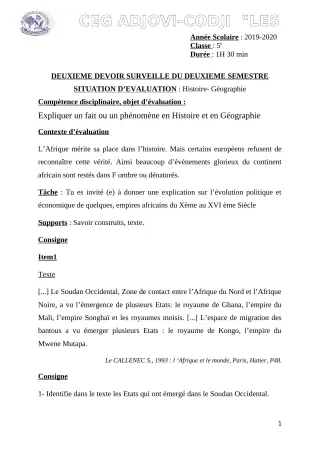 Première page de Histoire-Géographie 5e — 2e devoir surveillé, 2e semestre (2019-2020) · CEG ADJOVICODJI 'LES OLIVIERS'