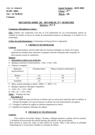 Première page de PCT 4e — 2e devoir surveillé, 2e semestre (2019-2020) · CEG LE NOKOUE