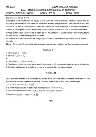Première page de Mathématiques 1ère A & B — 2e devoir surveillé, 2e semestre (2022-2023) · CEG GOHO