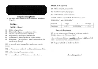 Première page de Histoire-Géographie 6e — 1er devoir surveillé, 2e semestre (2018-2019) · ceg ouenou