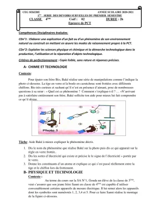 Première page de PCT 4e — 1er devoir surveillé, 1er semestre (2020-2021) · CEG SEKERE