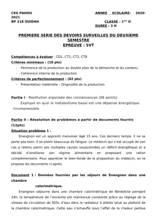 Première page de SVT 1ère D — 1er devoir surveillé, 2e semestre (2020-2021) · CEG PAHOU