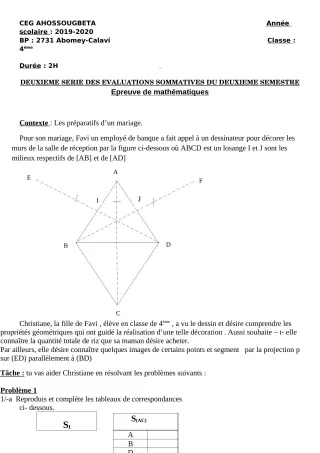 Première page de Mathématiques 4e, 4e ML — 2e évaluation sommative, 2e semestre (2019-2020) · CEG Ahossougbéta