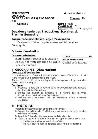 Première page de Histoire-Géographie 5e, 4e, 4e ML, 3e, 3e ML, 2nde C, 2nde D, 1ère C, 1ère D, Tle A1, Tle A2, Tle C, Tle D — 2e production scolaire, 1er semestre (2019-2020) · CEG SEGBEYA