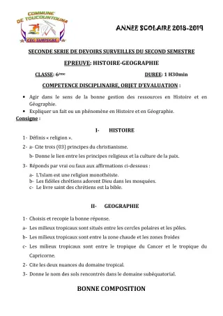 Première page de Histoire-Géographie 6e, 5e, 4e, 4e ML, 3e, 3e ML — 2e devoir surveillé, 2e semestre (2018-2019) · CEG TAMPÈGRÉ