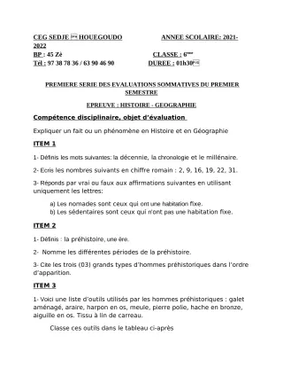 Première page de Histoire-Géographie 6e — 1re évaluation sommative, 1er semestre (2022-2023) · CEG Sèdjè-Houègoudo