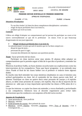 Première page de Espagnol 3e ML — 1er devoir surveillé, 1er semestre (2021-2022) · CEG SEKERE