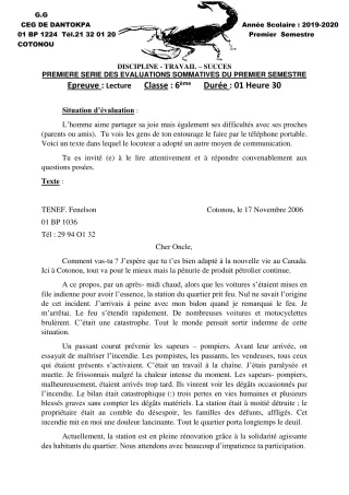 Première page de Français 6e — 1re évaluation sommative, 1er semestre (2019-2020) · CEG Dantokpa