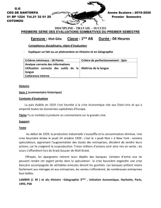Première page de Histoire-Géographie 1ère A1, 1ère A2, 1ère B — 1re évaluation sommative, 1er semestre (2019-2020) · CEG Dantokpa