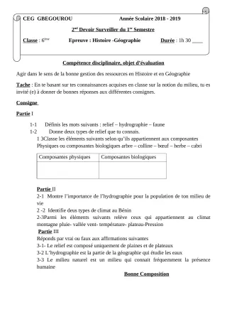 Première page de Histoire-Géographie 6e — 2e devoir surveillé, 1er semestre (2018-2019) · CEG Gbegourou