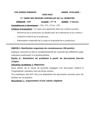 Première page de SVT 2nde D — 1er devoir surveillé, 1er semestre (2020-2021) · CEG ZONGO
