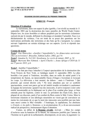 Première page de Français Tle A1, Tle B, Tle D — 2e devoir surveillé, 1er trimestre (2021-2022) · CEPG La Prunelle de Dieu