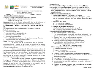 Première page de Espagnol 3e — 1er devoir surveillé, 2e semestre (2022-2023) · CEG SEKERE