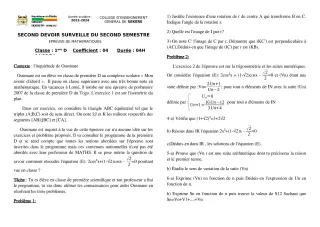 Première page de Mathématiques 1ère D — 2e devoir surveillé, 2e semestre (2023-2024) · CEG SEKERE