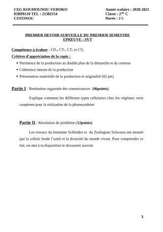 Première page de SVT 2nde C — 1er devoir surveillé, 1er semestre (2020-2021) · CEG Kouhounou-Vêdoko