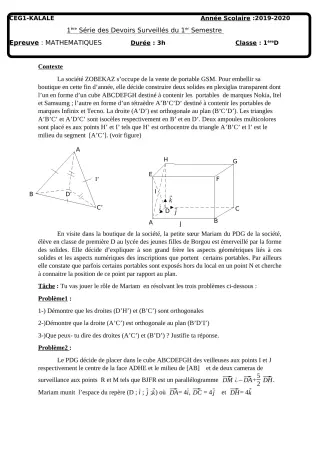 Première page de Mathématiques 1ère D — 1er devoir surveillé, 1er semestre (2019-2020) · CEG1 Kalalé