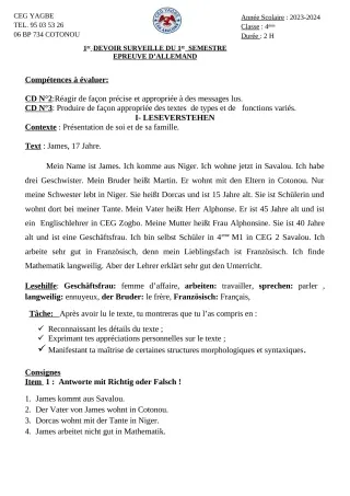 Première page de Allemand 4e — 1er devoir surveillé, 1er semestre (2023-2024) · CEG Yagbe