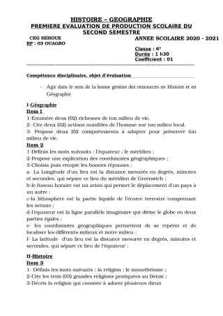 Première page de Histoire-Géographie 6e — 1re production scolaire, 2e semestre (2020-2021) · CEG SEHOUE