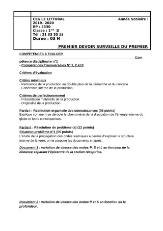Première page de SVT 1ère A2, 1ère B, 1ère C, 1ère D — 1er devoir surveillé (2019-2020) · CEG Le Littoral