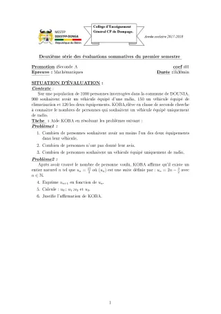Première page de Mathématiques 2nde A1 — 2e évaluation sommative, 1er semestre (2017-2018) · CEG C.P de Dompago