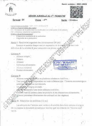 Première page de SVT 6e — 2e devoir surveillé, 1er trimestre (2021-2022) · CPEG ROSAIRE
