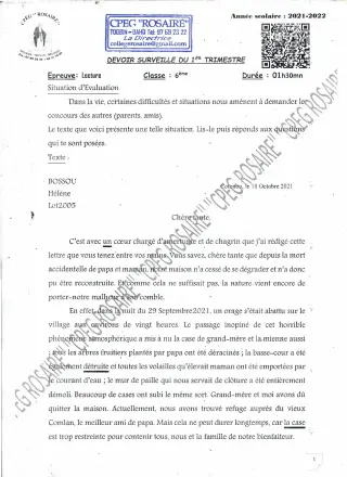 Première page de Français 6e — Devoir surveillé, 1er trimestre (2021-2022) · CPEG ROSAIRE