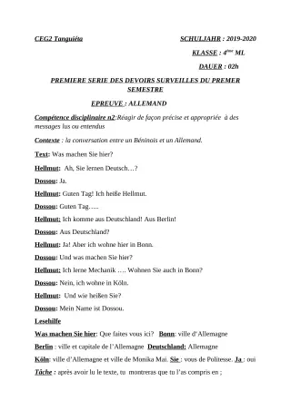 Première page de Allemand 4e ML — 1er devoir surveillé (2019-2020) · CEG2 TANGUIETA