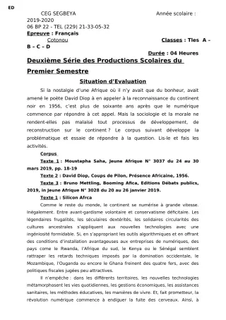 Première page de Français 6e, 3e, 3e ML, Tle A1, Tle A2, Tle B, Tle C, Tle D — 2e production scolaire, 1er semestre (2019-2020) · CEG SEGBEYA