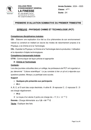 Première page de PCT 4e — 1re évaluation sommative, 1er trimestre (2024-2025) · CPEG La Finesse