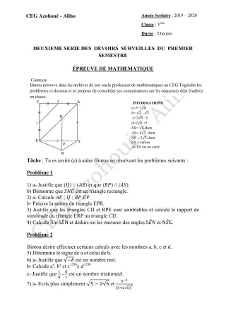 Première page de Mathématiques 3e, 3e ML — 2e devoir surveillé, 1er semestre (2019-2020) · CEG AZOHOUE-ALIHO
