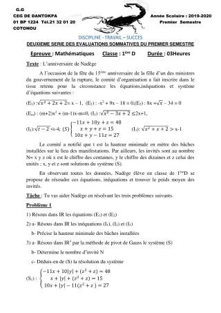 Première page de Mathématiques 1ère D — 2e évaluation sommative, 1er semestre (2019-2020) · CEG Dantokpa