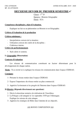 Première page de Histoire-Géographie 1ère D — Composition, 1er semestre (2019-2020) · CEG Attogon