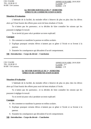 Première page de Français 3e — 1er devoir surveillé, 1er semestre (2019-2020) · CEG Yagbe