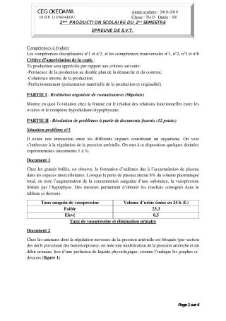 Première page de SVT Tle D — 2e production scolaire, 2e semestre (2018-2019) · CEG OKEDAMA