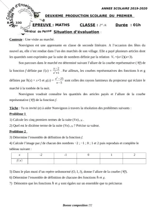 Première page de Mathématiques 6e, 5e, 4e, 4e ML, 3e, 3e ML, 2nde A, 2nde D, 1ère A, 1ère D, Tle A, Tle D — 2e production scolaire, 1er semestre (2019-2020) · CEG Perma