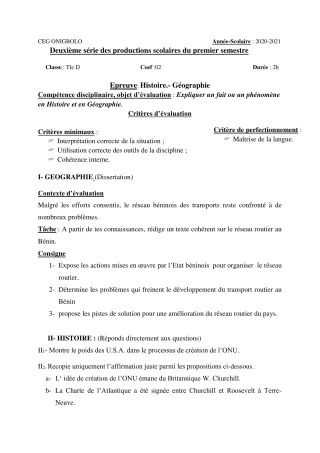 Première page de Histoire-Géographie Tle D — 2e production scolaire, 1er semestre (2020-2021) · CEG ONIGBOLO