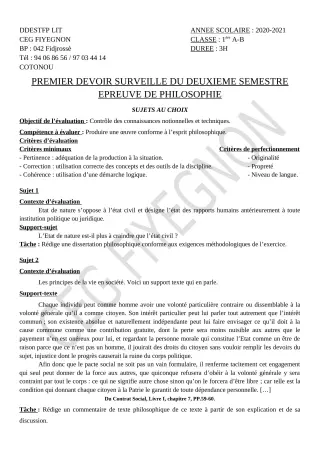 Première page de Philosophie 1ère A2, 1ère B — 1er devoir surveillé, 2e semestre (2020-2021) · CEG FIYEGNON