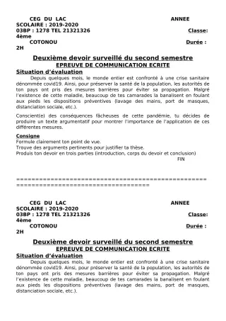 Première page de Français 4e ML — 2e devoir surveillé, 2e semestre (2019-2020) · CEG du Lac