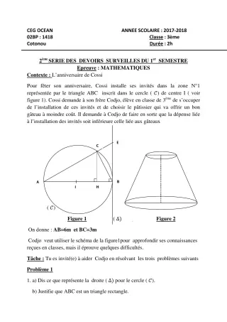 Première page de Mathématiques 3e, 3e ML — 2e devoir surveillé, 1er semestre (2017-2018) · CEG l'Océan