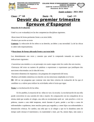 Première page de Espagnol 4e, 3e ML, 2nde A2, 2nde B, 1ère A2, 1ère B, Tle A2, Tle B — 3e devoir surveillé, 1er trimestre (2021-2022) · CPEG AGBOZO MEGBEDJI