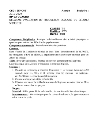 Première page de Français 5e, 4e, 1ère A2, 1ère B, 1ère C, 1ère D — 2e production scolaire, 2e semestre (2019-2020) · CEG SEHOUE