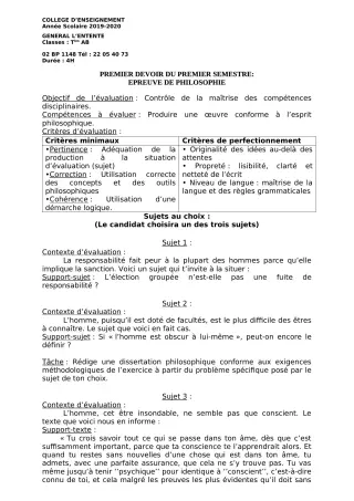 Première page de Philosophie Tle A2, Tle B — 1er devoir surveillé, 1er semestre (2019-2020) · CEG L'Entente