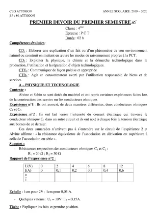 Première page de PCT 4e — 1er devoir surveillé, 1er semestre (2019-2020) · CEG Attogon