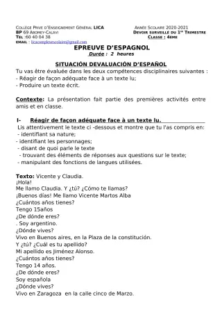 Première page de Espagnol 4e, 4e ML — 1er devoir surveillé, 1er trimestre (2020-2021) · CPEG LICA