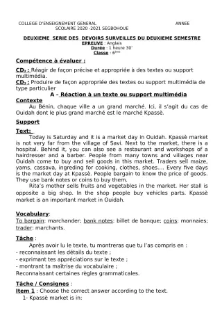 Première page de Anglais 6e, 5e, 4e, 4e ML, 3e, 3e ML, 2nde A & B, 2nde D, 1ère A2, 1ère B, 1ère D, Tle A1, Tle A2, Tle B, Tle D — 2e devoir surveillé, 2e semestre (2020-2021) · CEG SEGBOHOUE